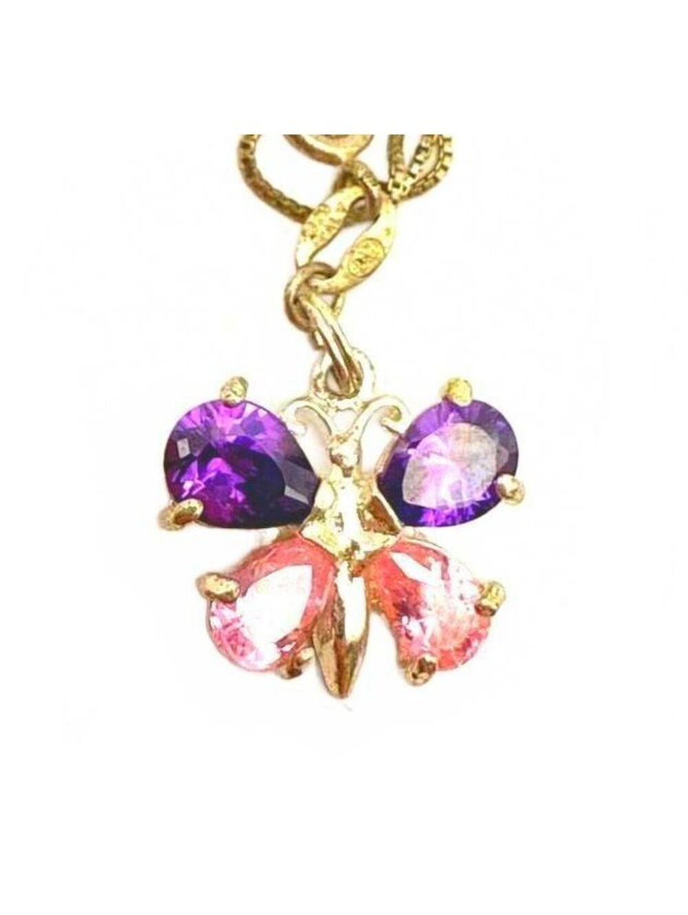 Butterfly Pendant with Purple and Pink Gemstones Thai 925 9" chain bracelet
